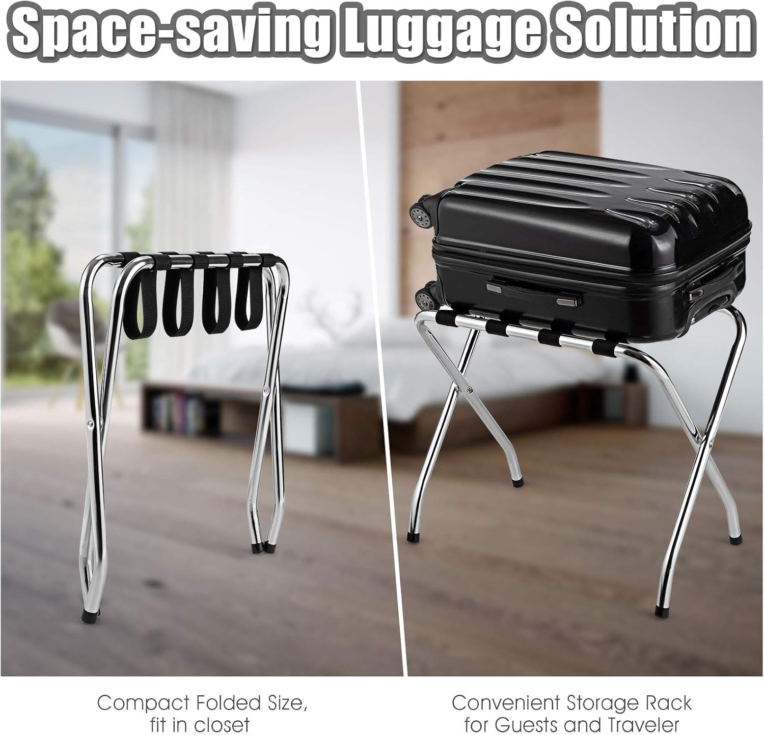 Tangkula Portaequipajes cromado para habitación de invitados, no requiere montaje, soporte plegable de metal para maleta con cinturones de nailon,