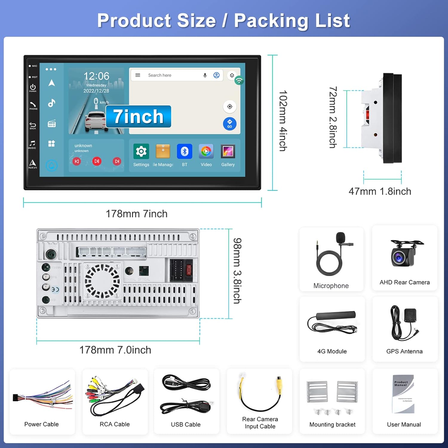 Podofo 8-core 4+64G Android coche estéreo doble DIN Radio con Carplay inalámbricoAndroid Auto 7 pulgadas IPS pantalla táctil Headunit Soporte Espejo