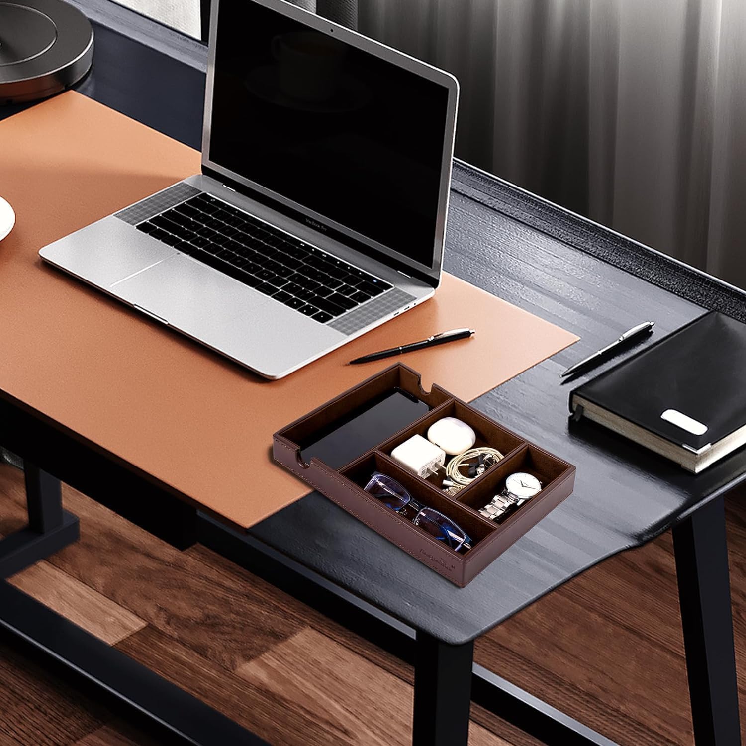 Bandeja de valet para hombre, para mesita de noche, mesita de noche y mesa de entrada, bandeja de cuero sintético para teléfono, reloj, gafas,