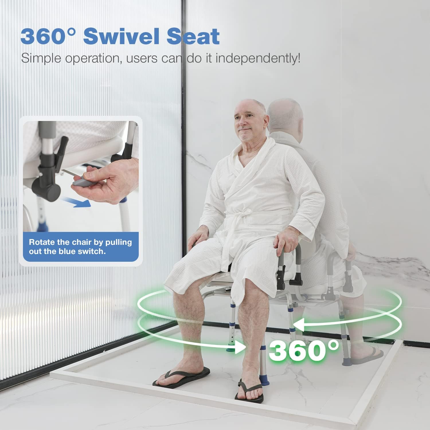 GreenChief Silla de ducha giratoria para ducha interior, silla de baño para discapacitados con brazos caídos y respaldo, asiento de ducha giratorio