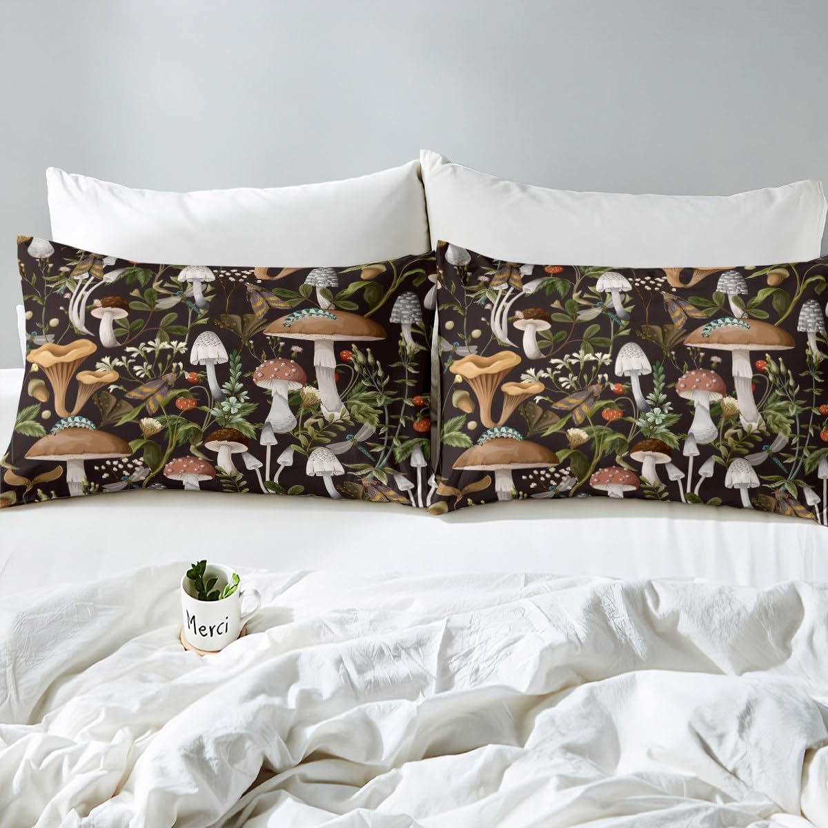 Castle Fairy Juego de funda de edredón de hongos, tamaño King, 3 piezas, diseño de hojas botánicas de acuarela, bonito juego de ropa de cama de
