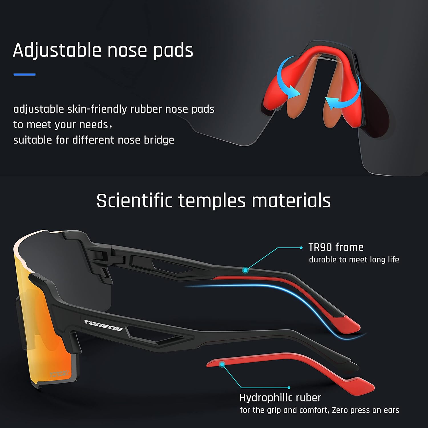TOREGE Gafas de sol deportivas polarizadas con 3 lentes intercambiables para hombres y mujeres, gafas de béisbol TR65