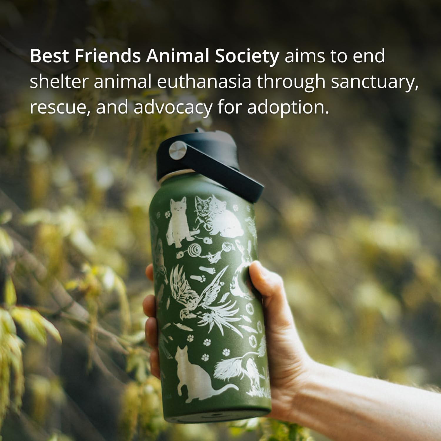 Helping Hydros Botella de agua de rescate de animales con tapa con pajilla, acero inoxidable grabado de 32 onzas, aislada con correa, tema de