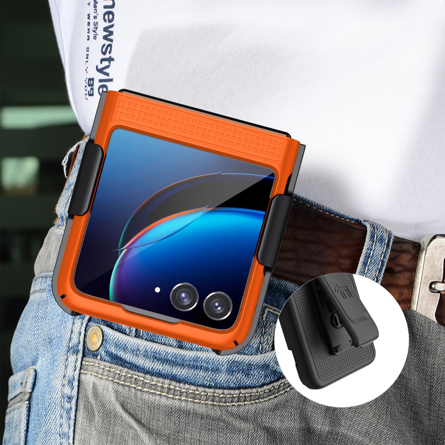 Nakedcellphone – Funda con clip para Motorola RAZR+ 2023, textura de cuadrícula cubierta rígida delgada y rotacióntrinquete Combo de funda de cadera