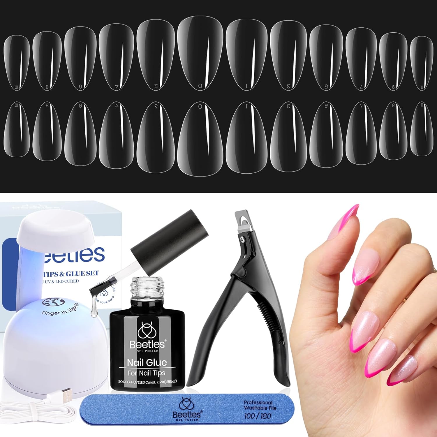 Beetles – Kit de extensión de uñas de gel fácil con 240 puntas cortas en forma de almendras 5 en 1, gel base de pegamento de uñas e innovadora