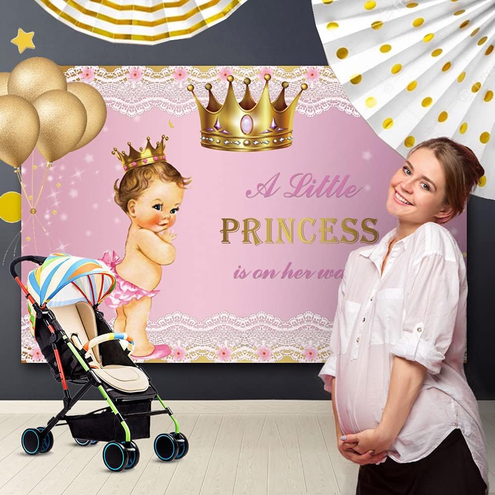 Telón de fondo de princesa para baby shower para niña, 8 x 6 pies, corona dorada, encaje rosa, fondo de fotografía con texto en inglés “A Little