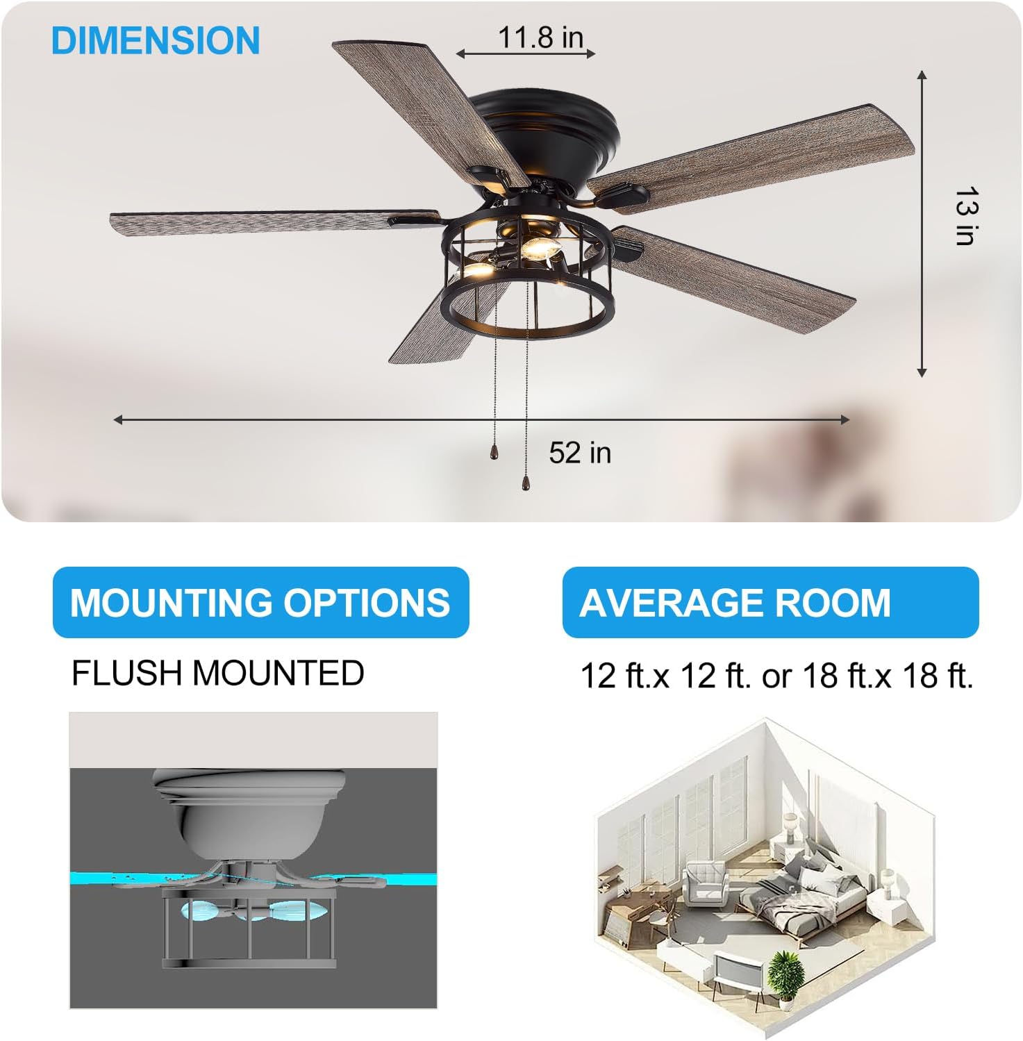 Ventilador de techo de montaje empotrado de 52 pulgadas con cadena de luz, 5 cuchillas reversibles, lámpara de techo de iluminación de cristal de