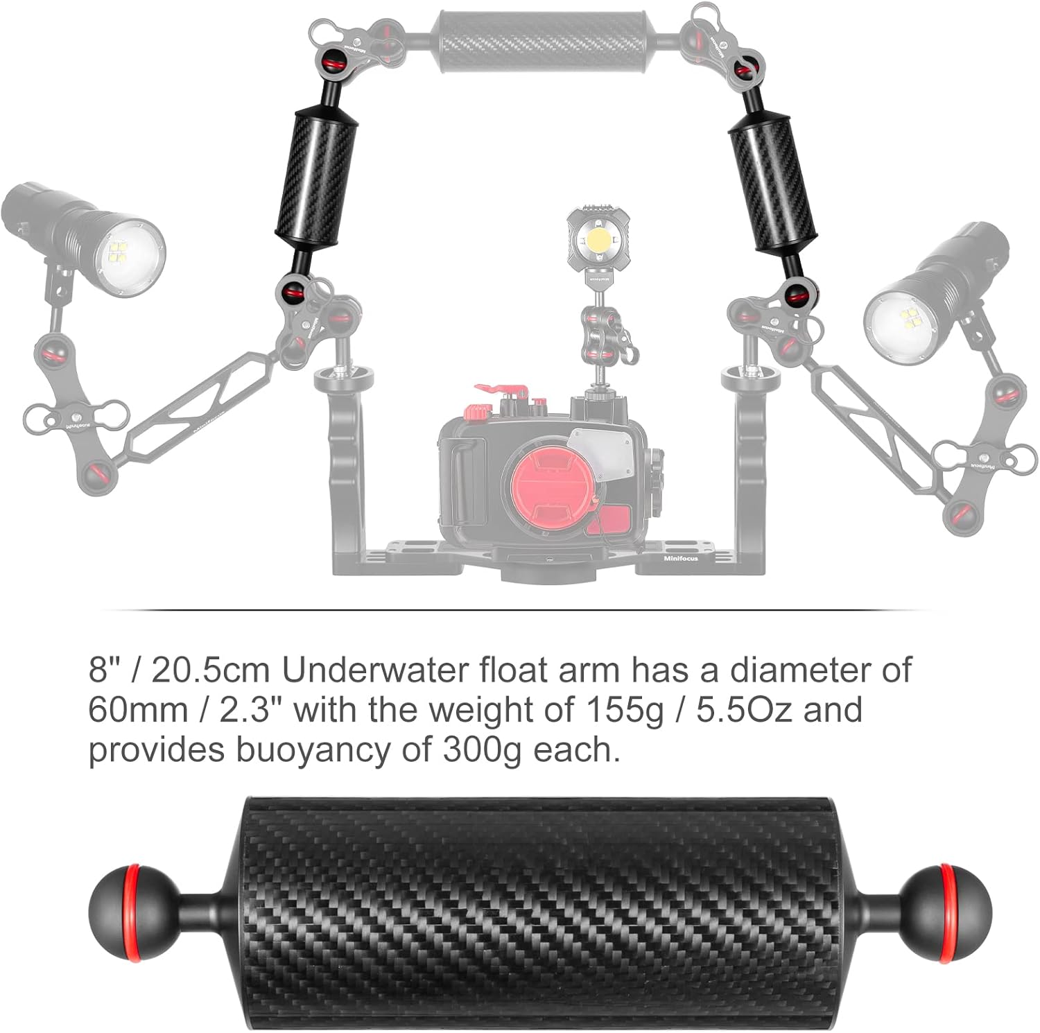 Soporte de bandeja de cámara subacuática y 2 piezas de brazo flotante submarino de fibra de carbono