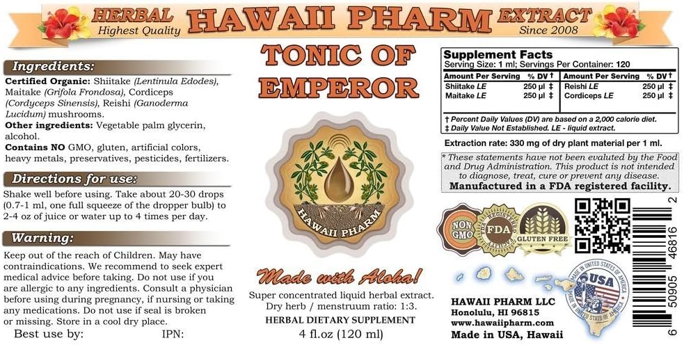 HawaiiPharm Shiitake, Maitake, Cordiceps, extracto líquido de Reishi, Shiitake seco orgánico, Maitake, Cordiceps, tintura de reishi, suplemento de