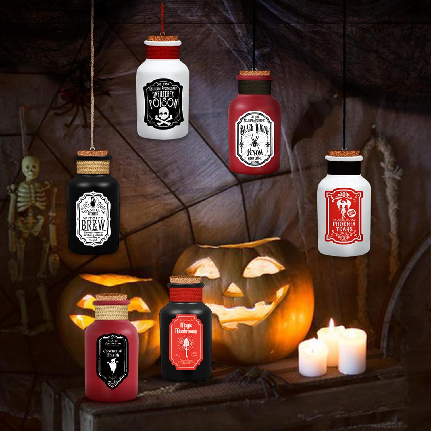 36 piezas de decoraciones de Halloween para interiores, 6 botellas de poción, 12 calcomanías de Halloween para decoración de Halloween, botellas de