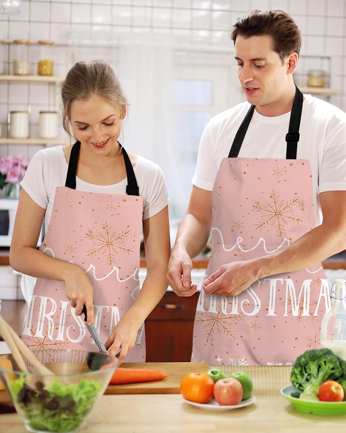 Merry Christmas Bib Aprons for Women With Pockets, Waterproof Canvas Chef Kitchen Cooking Apron for PaintingHair StylistNail TechnicianKids Arts And