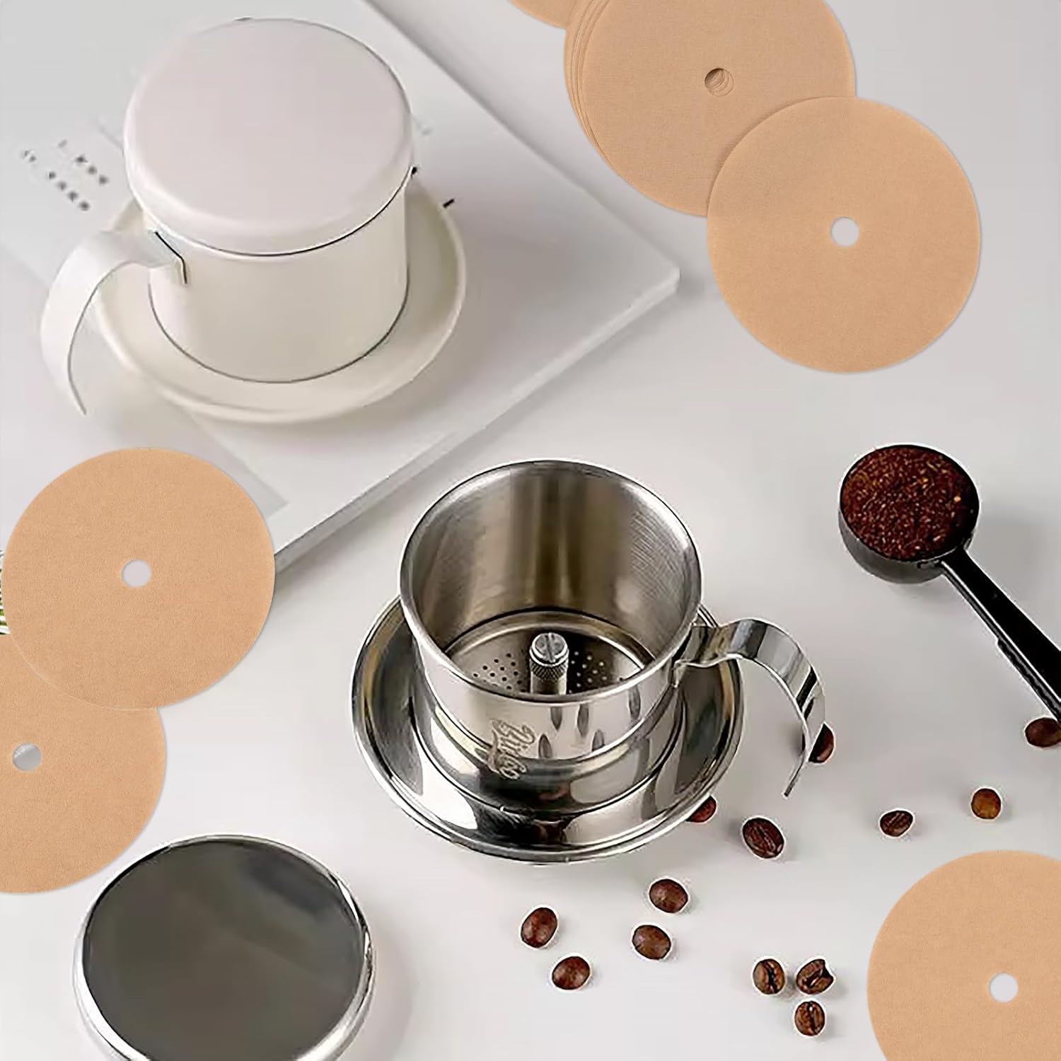 400 filtros de café percolador sin blanquear, filtro de papel de café desechable de 3.75 pulgadas con agujero, filtros de café de disco para