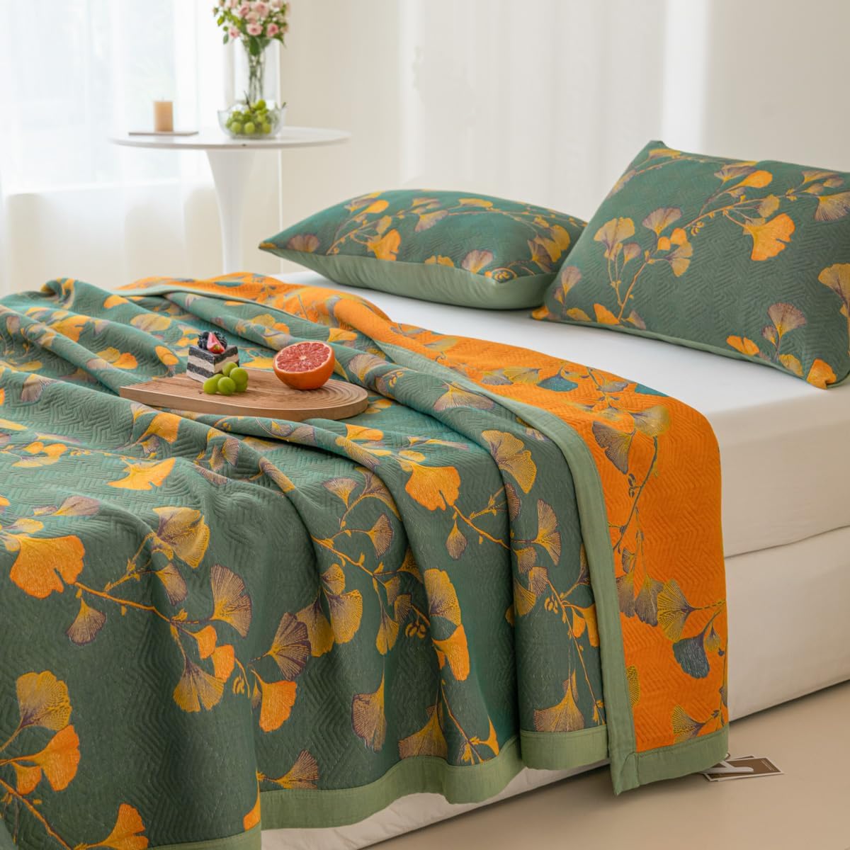 Purefair Edredón jacquard 100% algodón con estampado floral de hojas de ginkgo, funda de cama de muselina suave de 3 capas, colcha reversible