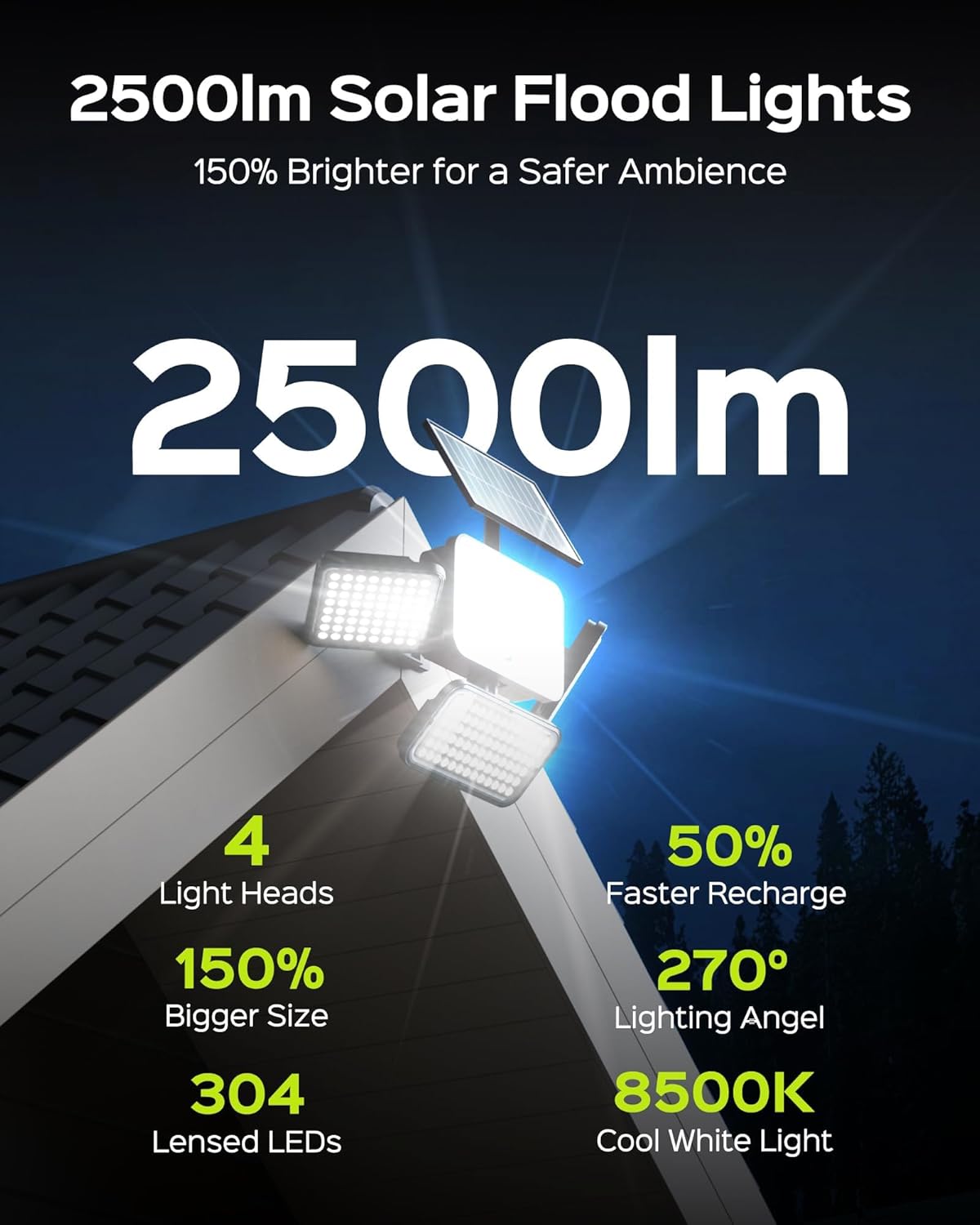 JACKYLED Luces solares para exteriores, luces solares con sensor de movimiento de 2500 lúmenes, 304 LED, 4 cabezales, luces solares para exteriores