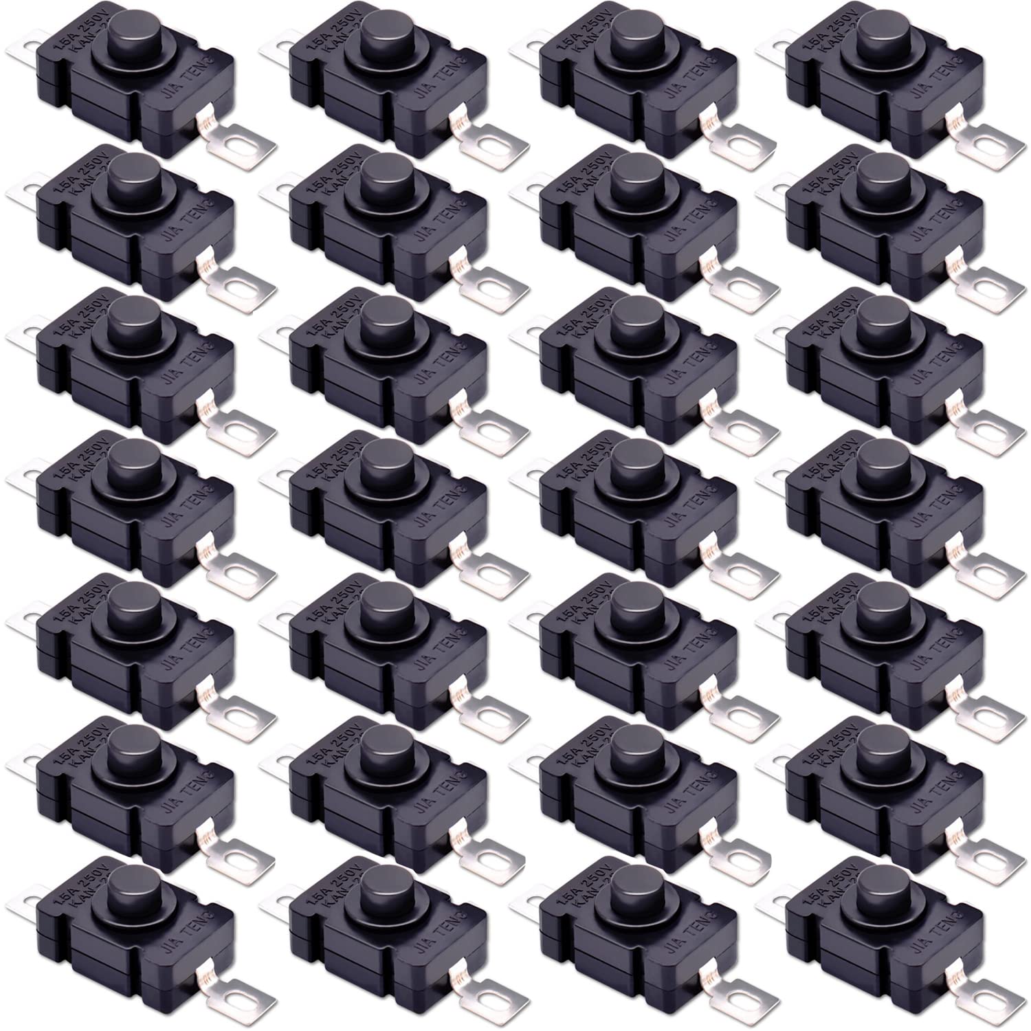 Paquete de 30 interruptores de botón micro autobloqueante plano de 2 pines con agujero, mini botón de encendidoapagado, JIA Teng KAN-28 1.5A 250V