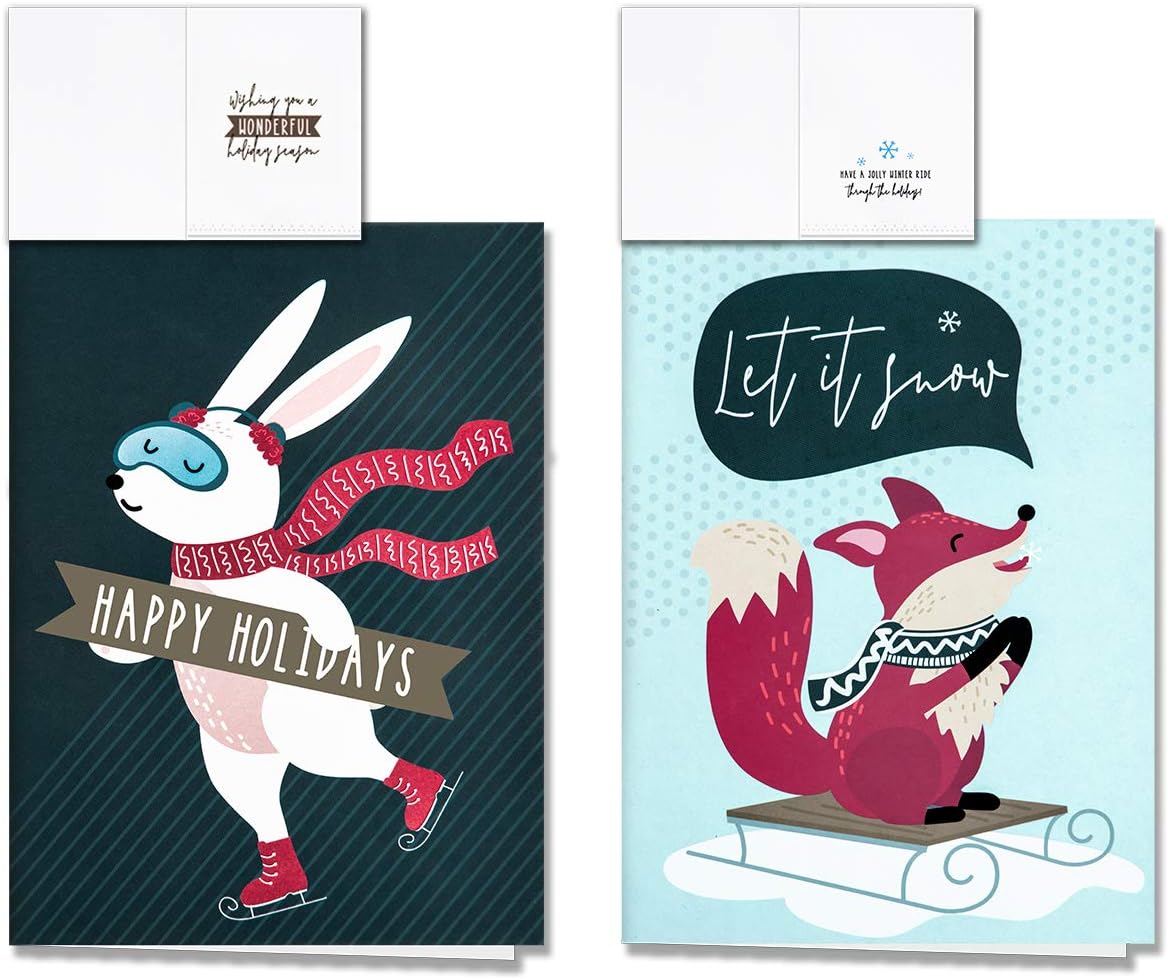 HERZOME Paquete de 48 tarjetas de felicitación navideñas de invierno con sobres y calcomanías, 8 patrones de animales del bosque, tarjetas de