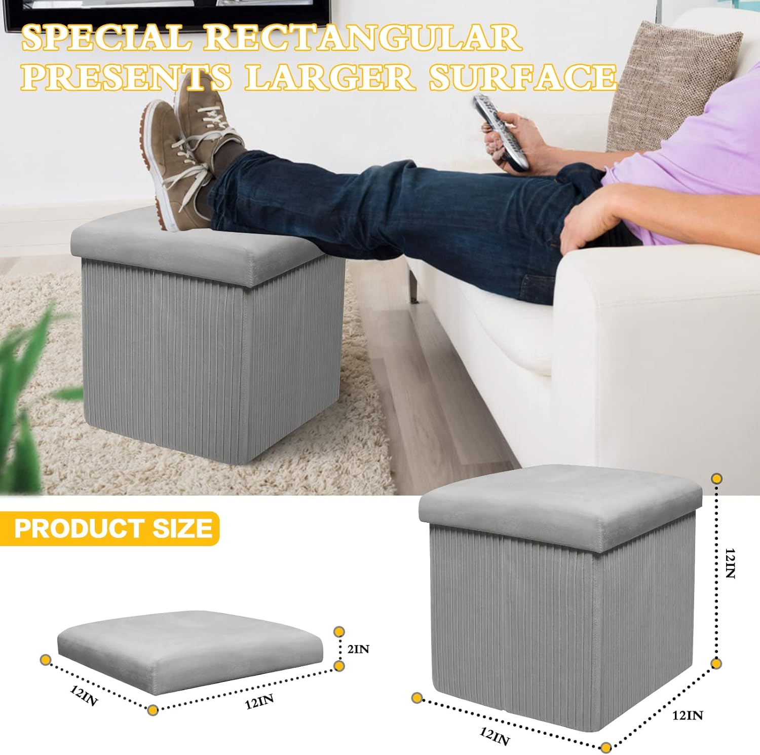 Cubo otomano de almacenamiento, otomana pequeña con almacenamiento, otomana cuadrada plegable de terciopelo de 12 pulgadas, reposapiés pequeño,