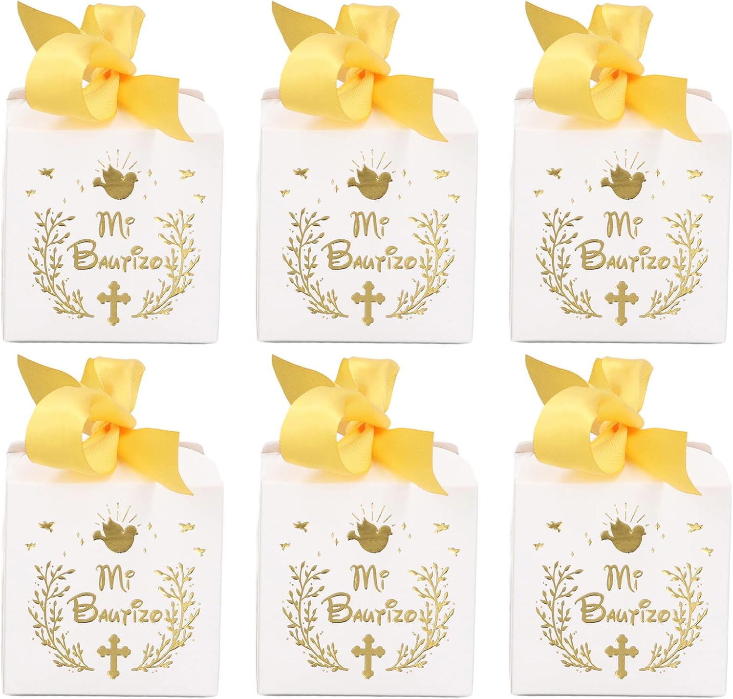 AUNMAS 50 cajas de dulces para fiesta de boda, material de papel, caja de regalo con patrón de Mi Bautizo con cinta dorada, cajas de regalo de boda