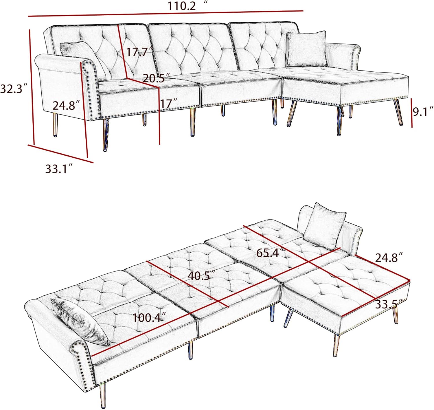 Sofá seccional tapizado de terciopelo en forma de L, sofá cama convertible con diván reversible, otomana movible para el hogar, oficina,