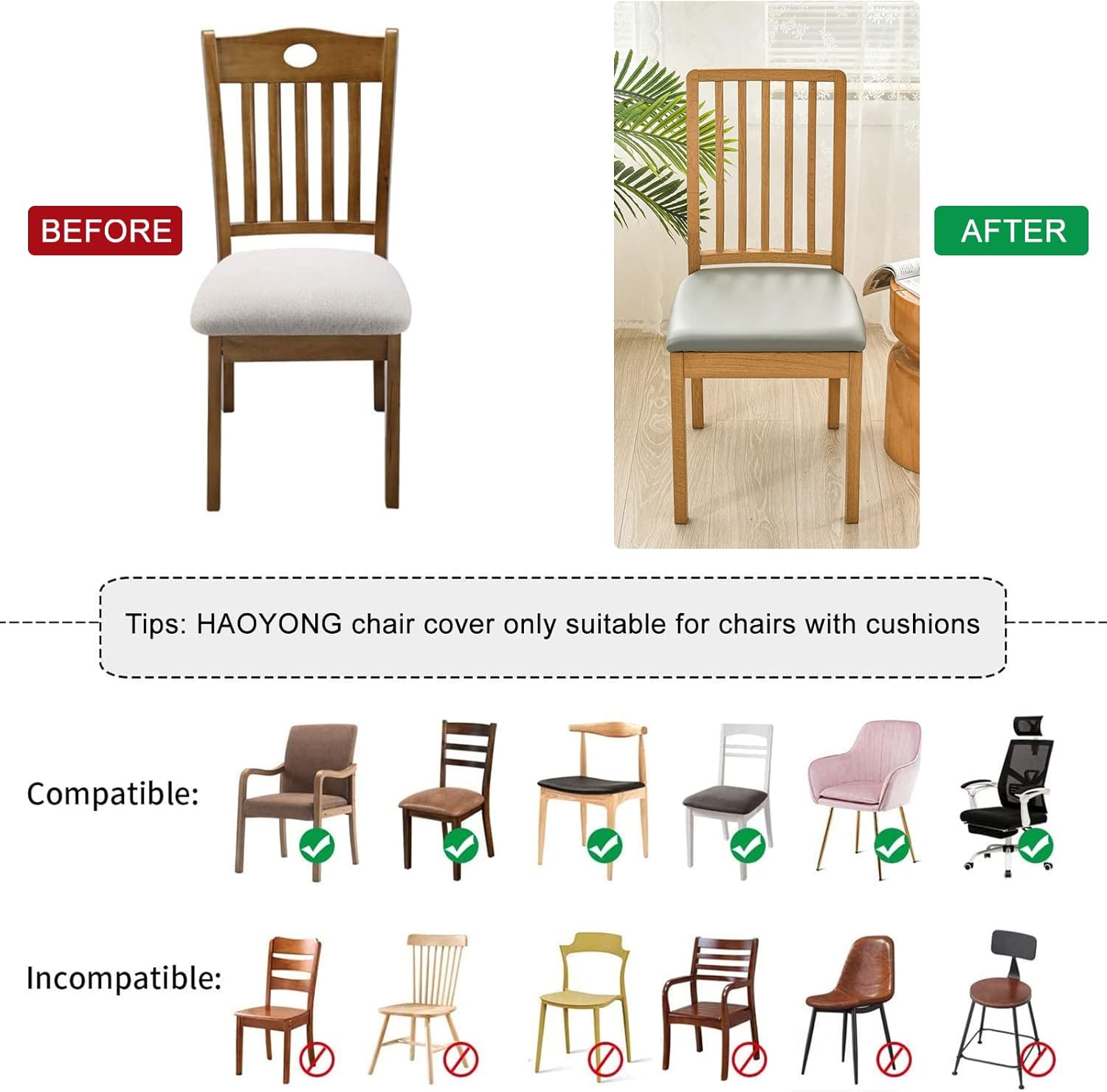 HAOYONG Juego de 6 fundas de asiento para silla, fundas impermeables de poliuretano para sillas de comedor, fundas de cojín impermeables para sillas