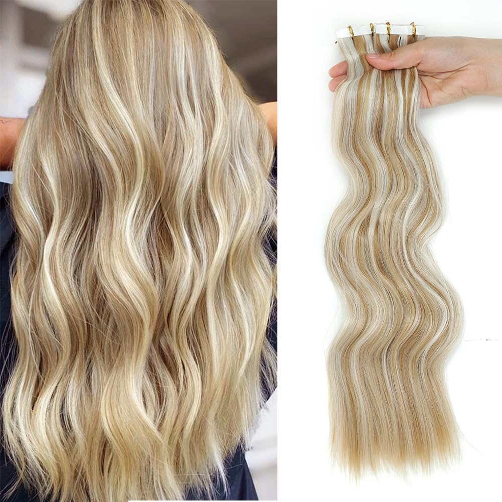 Extensiones de cabello con cinta, 10 unidades, 1.76 oz, extensiones de cabello sintético rizado, ondulado, de 20 pulgadas, sin costuras, cinta