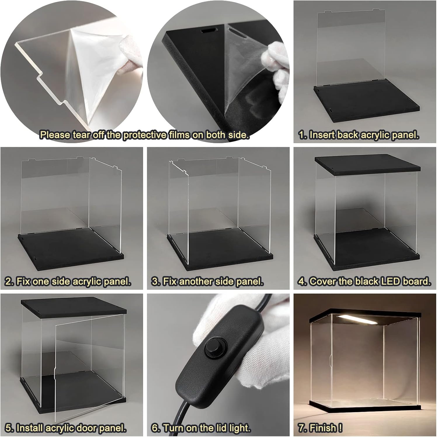 Vitrina de acrílico para coleccionables, cajas de acrílico transparente para exhibición, figuras de acción, juguetes de construcción iluminados,