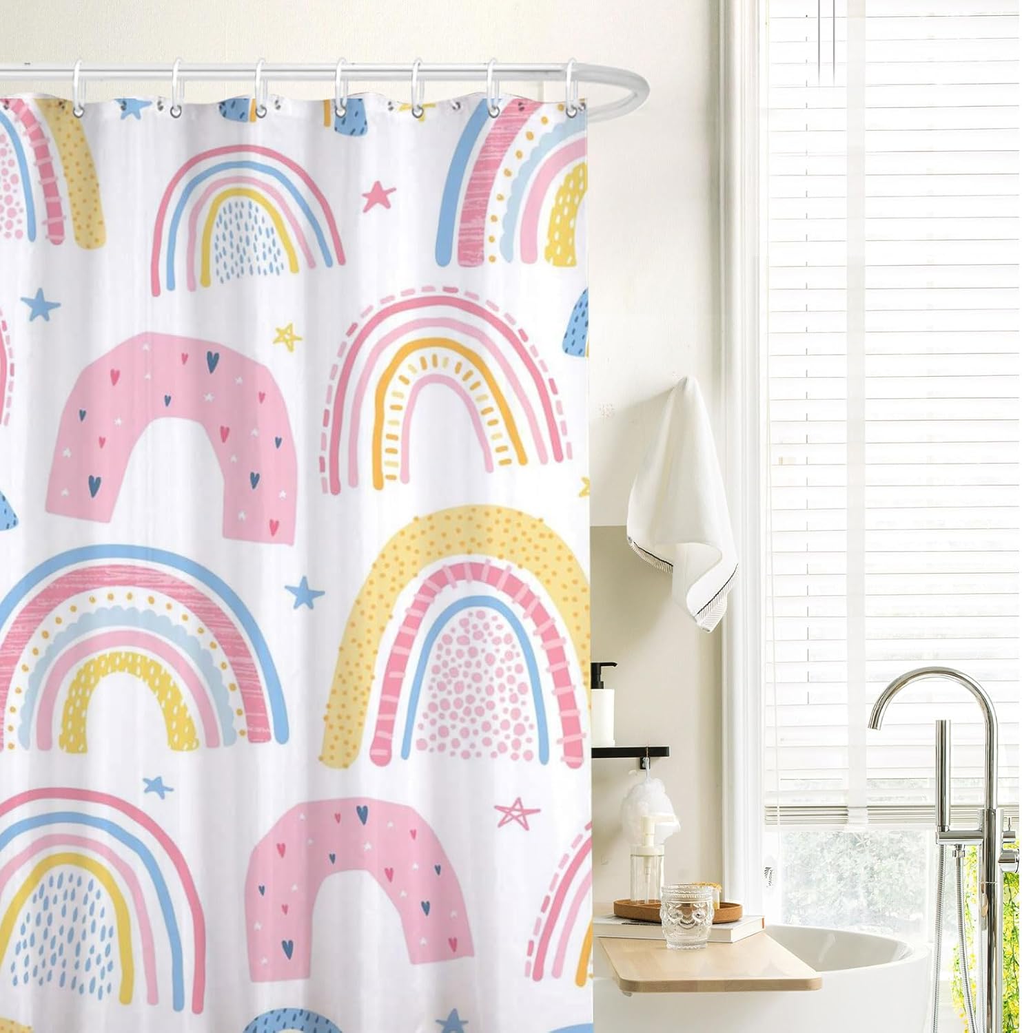 Cortina de ducha de arco iris, lavable para niños, bonita cortina de ducha impermeable de tela de poliéster con 12 ganchos, decoración de baño, 72 x