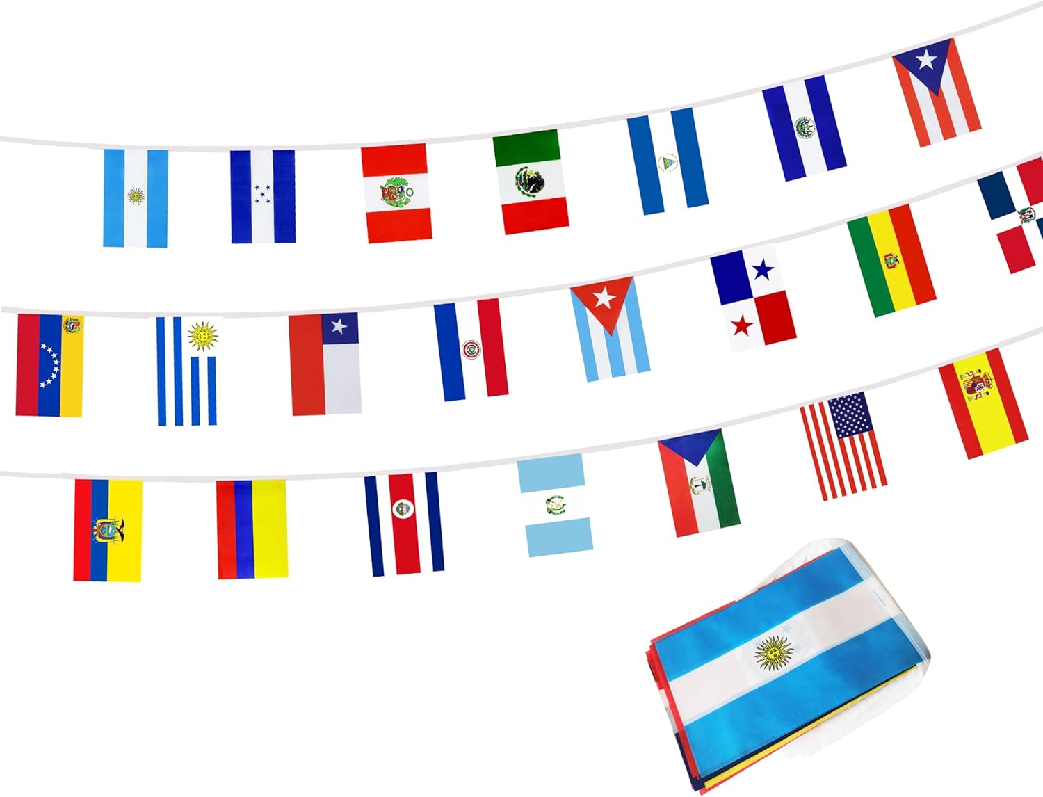 Banderas de cuerda para decoración de América Latina, 22 banderas de países de habla española, banderines para decoración de eventos del mes de la