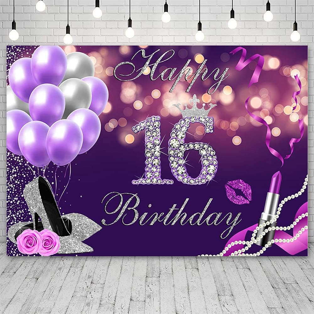 Telón de fondo de feliz cumpleaños número 16 de 7 x 5 pies, globos Bokeh morados con purpurina plateada con purpurina, fondo de lápiz labial de
