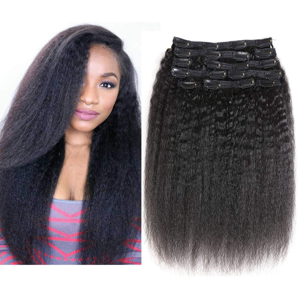 YAMI Extensiones de cabello humano rizado liso con clip, para mujeres negras, 10 unidades, extensiones de cabello humano virgen brasileño con clip,