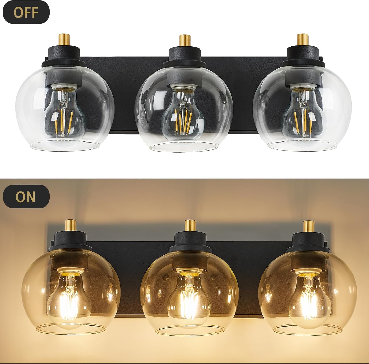 Lámpara de tocador de baño de 3 luces, lámparas de baño negras y doradas, lámpara de tocador moderna con pantalla de vidrio transparente, aplique de