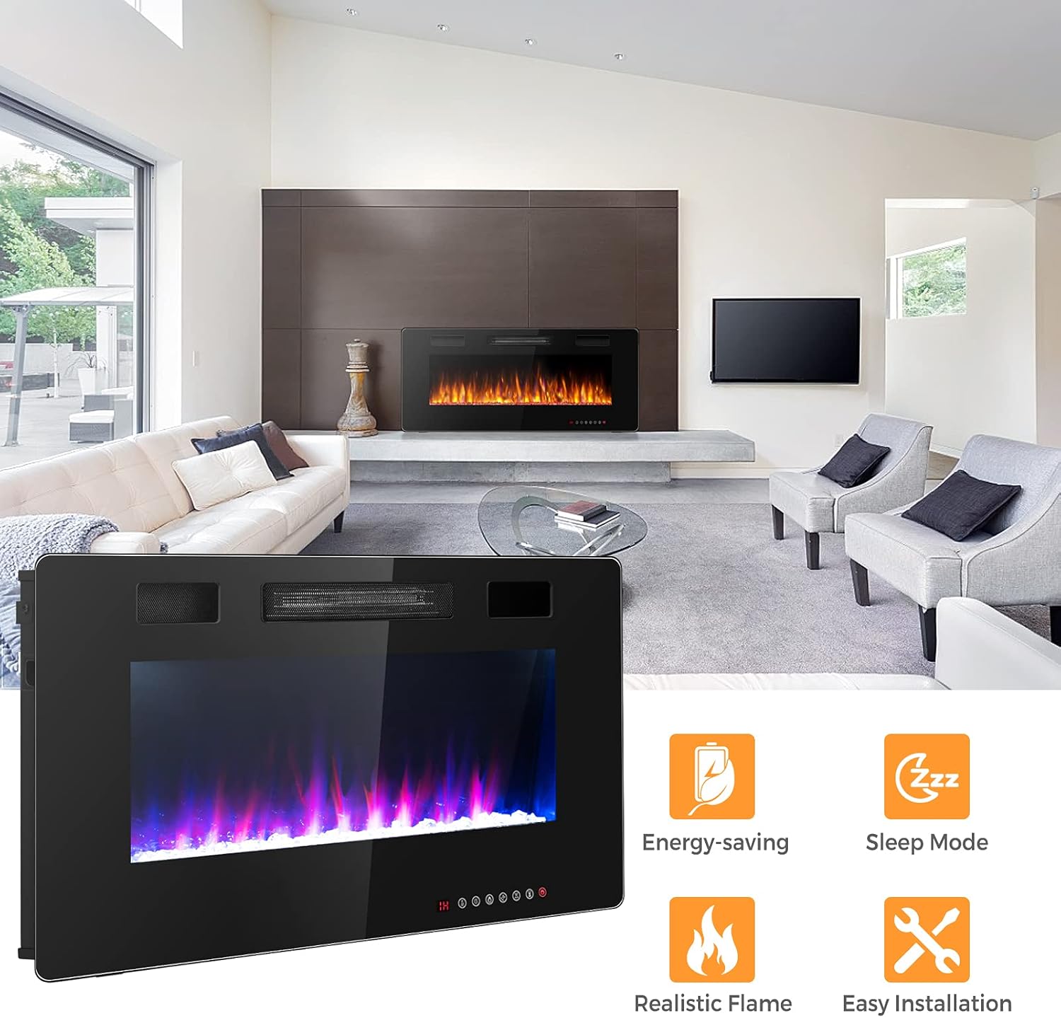 ORALNER Chimenea eléctrica de 42 pulgadas, calentador de chimenea empotrado y montado en la pared con 12 efectos de llama, 5 brillo, control remoto