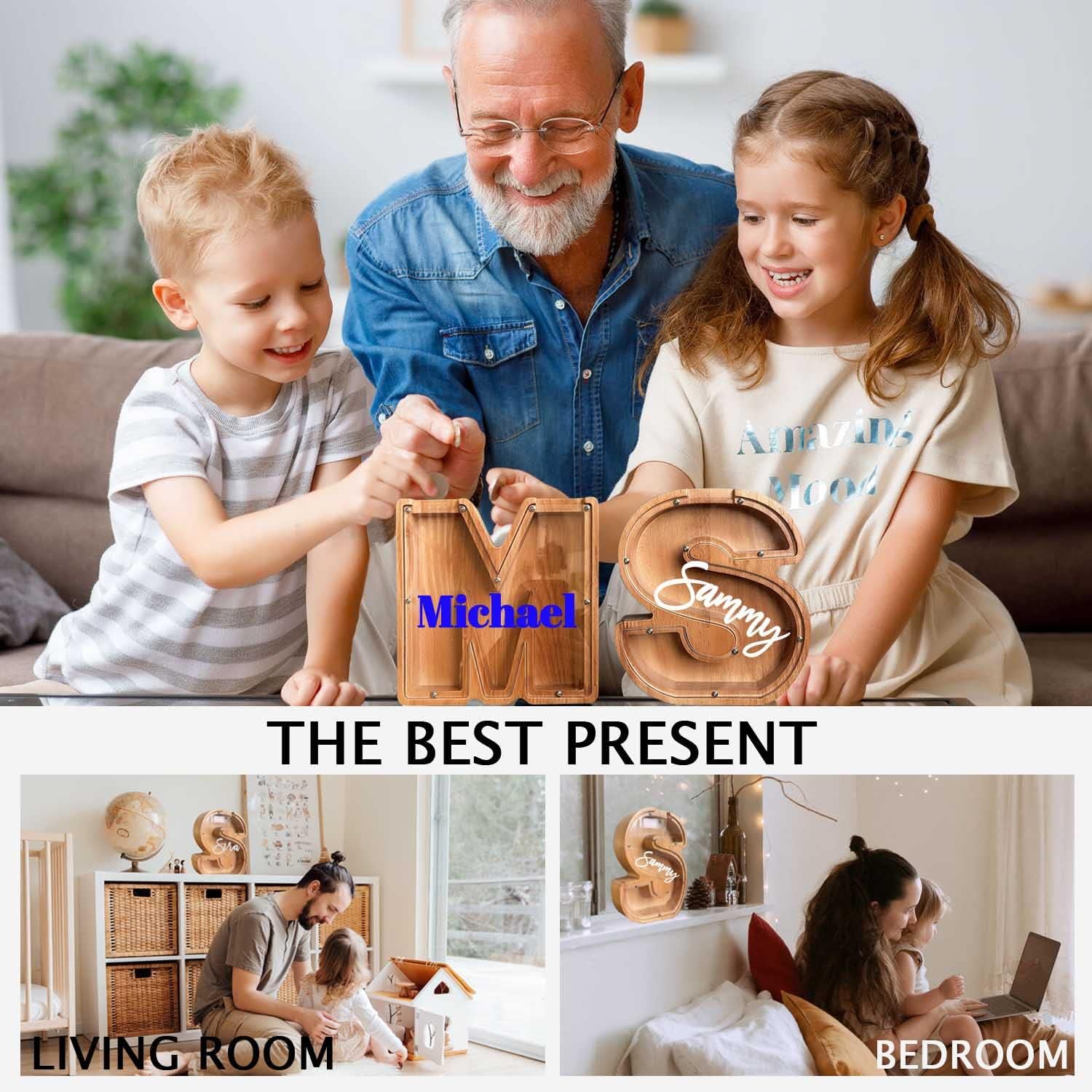 Alcancía de madera con monograma para niños, alcancía personalizada creativa para adultos, alcancía personalizada de gran capacidad para niños y