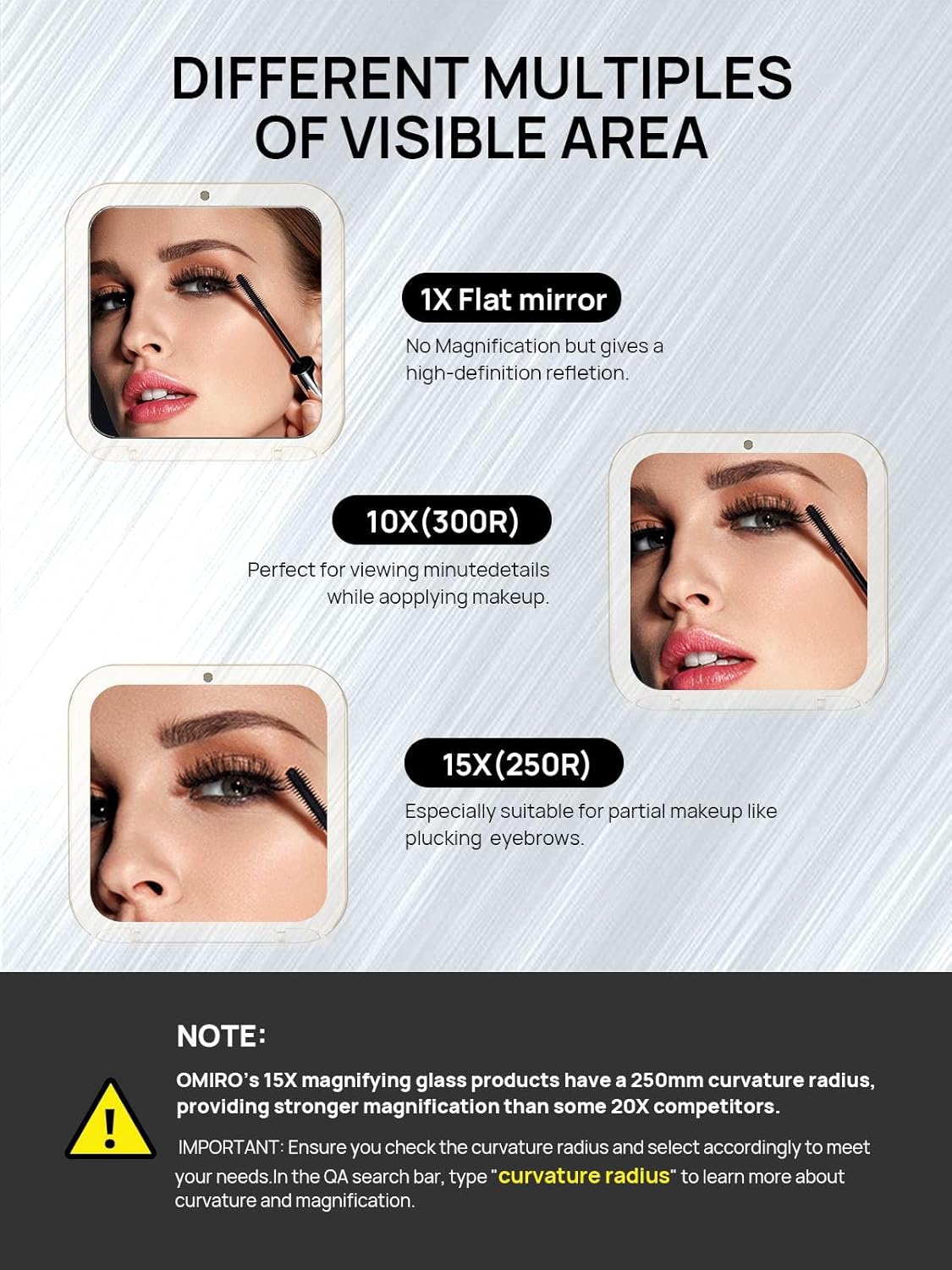 OMIRO Espejo compacto plegable, aumento 1X15X, 3 pulgadas, tamaño de bolsillo, espejo de mano cuadrado para maquillaje de viaje (plateado)