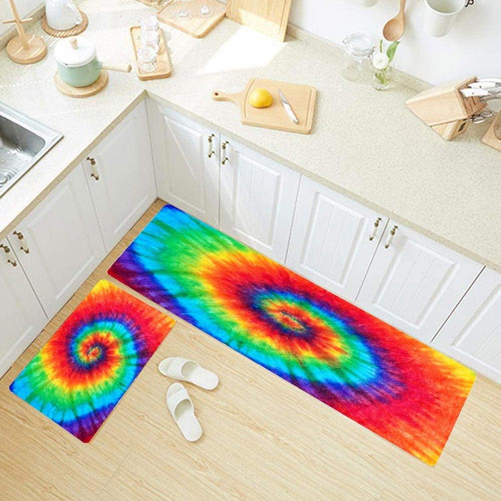 Juego de 2 alfombras de cocina de 17 x 48 pulgadas, 17 x 24 pulgadas, diseño de teñido anudado en espiral, alfombras y tapetes de cocina