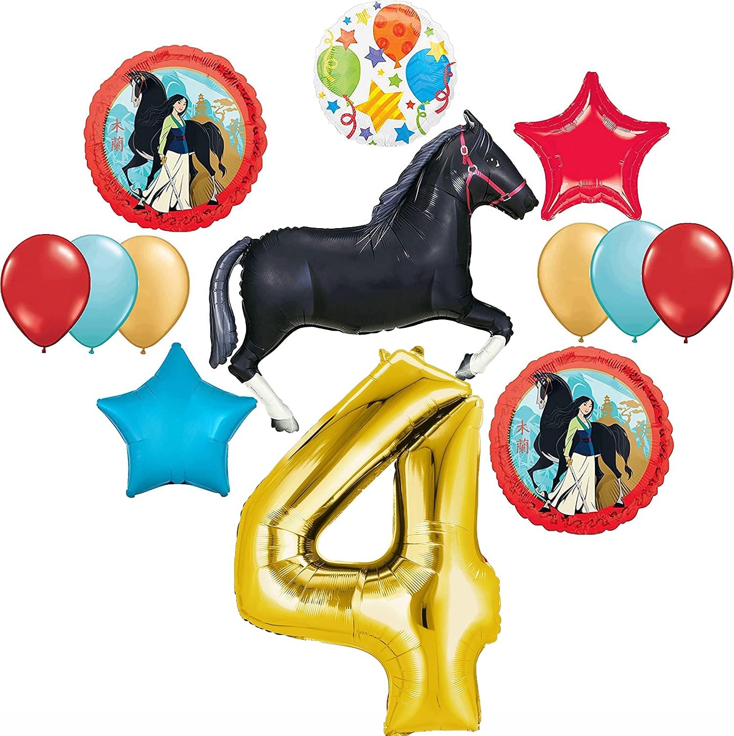 Mulan – Ramo de globos para fiesta de 4 cumpleaños y decoraciones de caballo negro