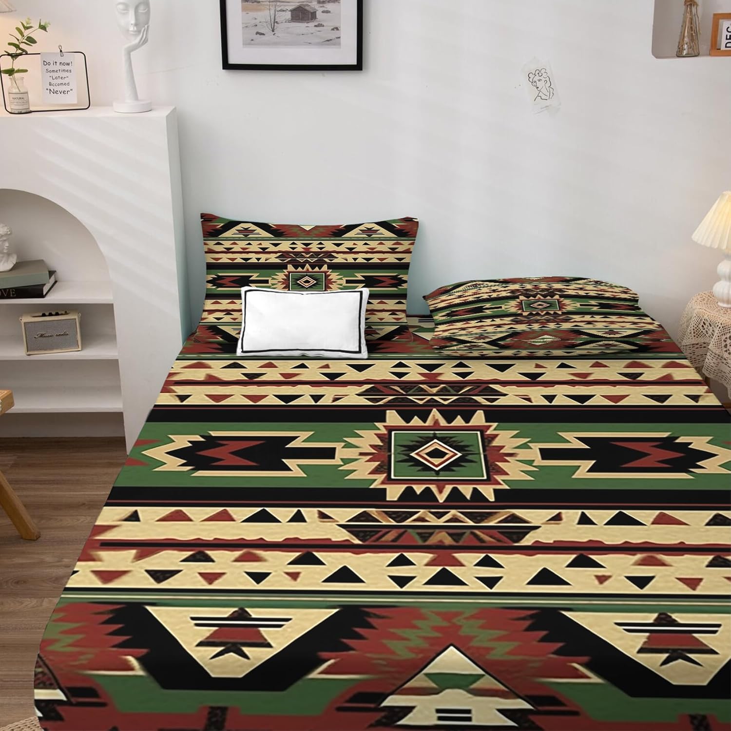 Juego de sábanas tamaño individual XL, sábanas aztecas, sábanas y fundas de almohada de nativos americanos, microfibra suave, bolsillo profundo y