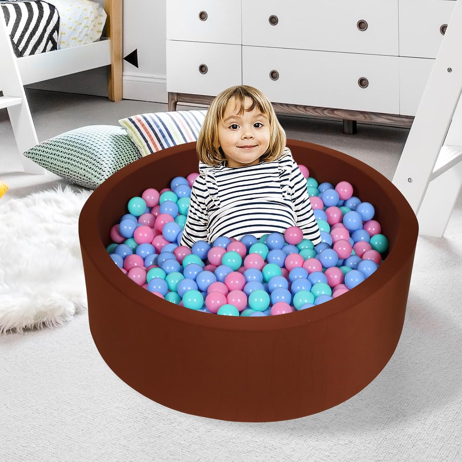 Pozo de bolas para pelotas de 35.4 x 11.8 pulgadas, redondo de espuma para niños pequeños, equipo de juego suave, pelotas no incluidas (marrón