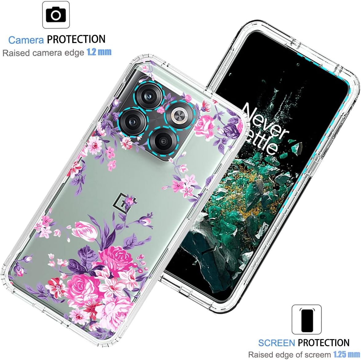 Funda para OnePlus 10T 5GOnePlus Ace Pro, CPH2415 con protector de pantalla de vidrio templado, funda protectora de TPU transparente floral a prueba