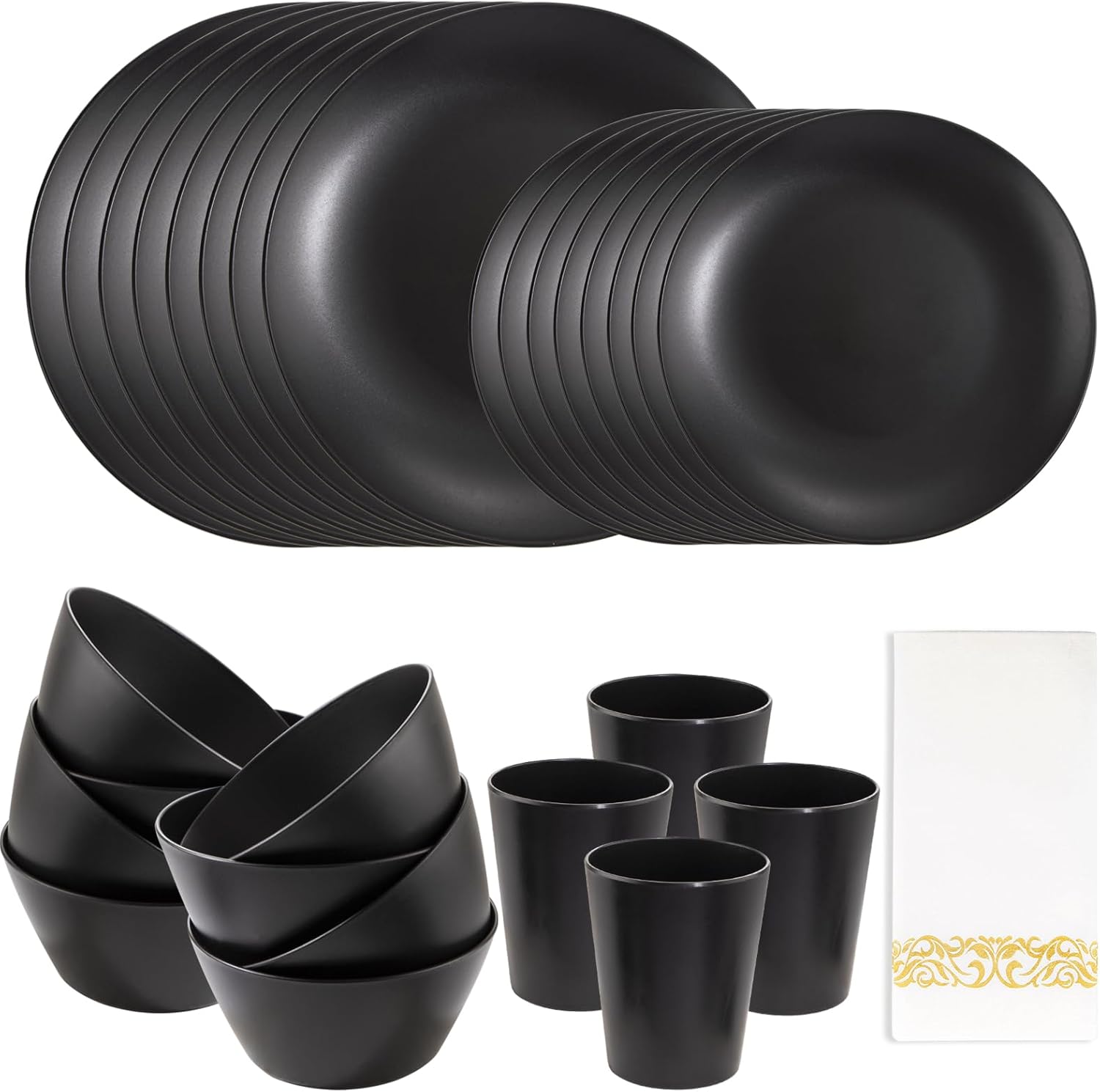 Supernal Juego de vajilla de plástico negro de 32 piezas con 25 servilletas de lino dorado, platos y cuencos para 8 personas, apto para microondas y