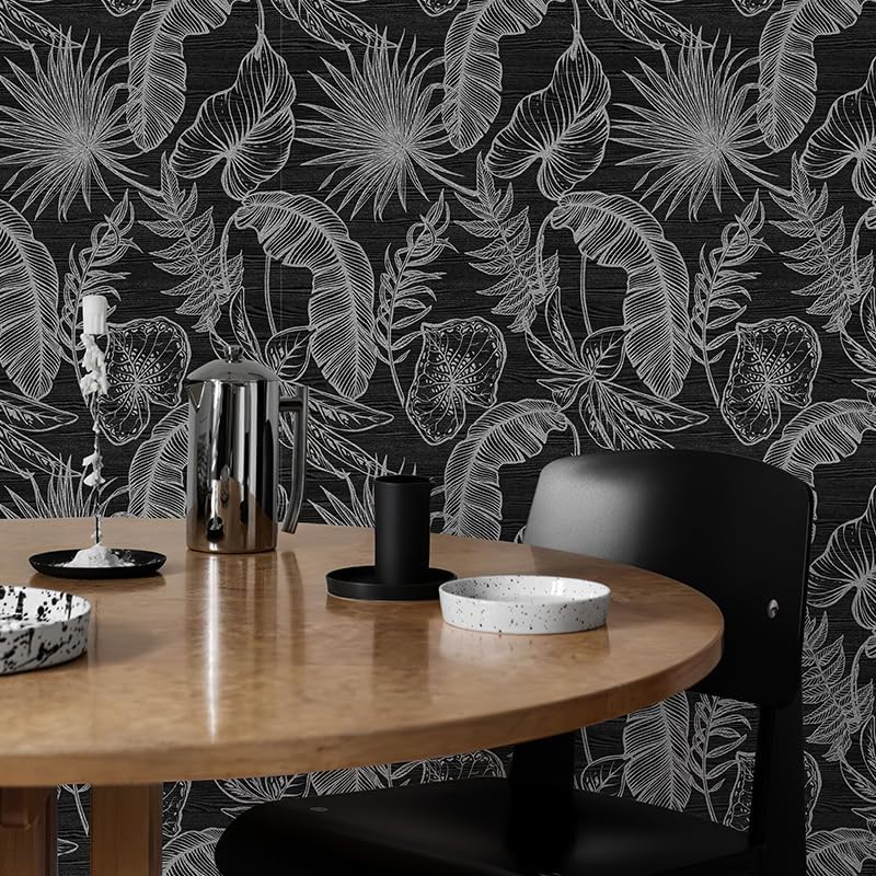 Papel tapiz de vinilo autoadhesivo con hojas de otoño bohemias, color negro, blanco, autoadhesivo, extraíble, retro, decoración de pared, sala de