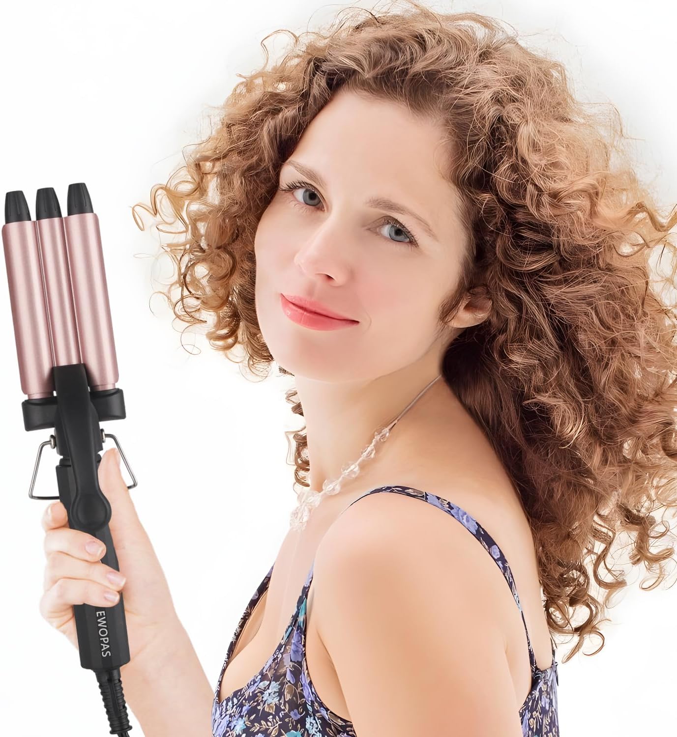 Ewopas Small Hair Crimper 3 Barrel Curling Iron Wand,12 Inch Beach Waves Curling Iron,Fast Heating, Light Weight, and is Easy to use,Mini Dual