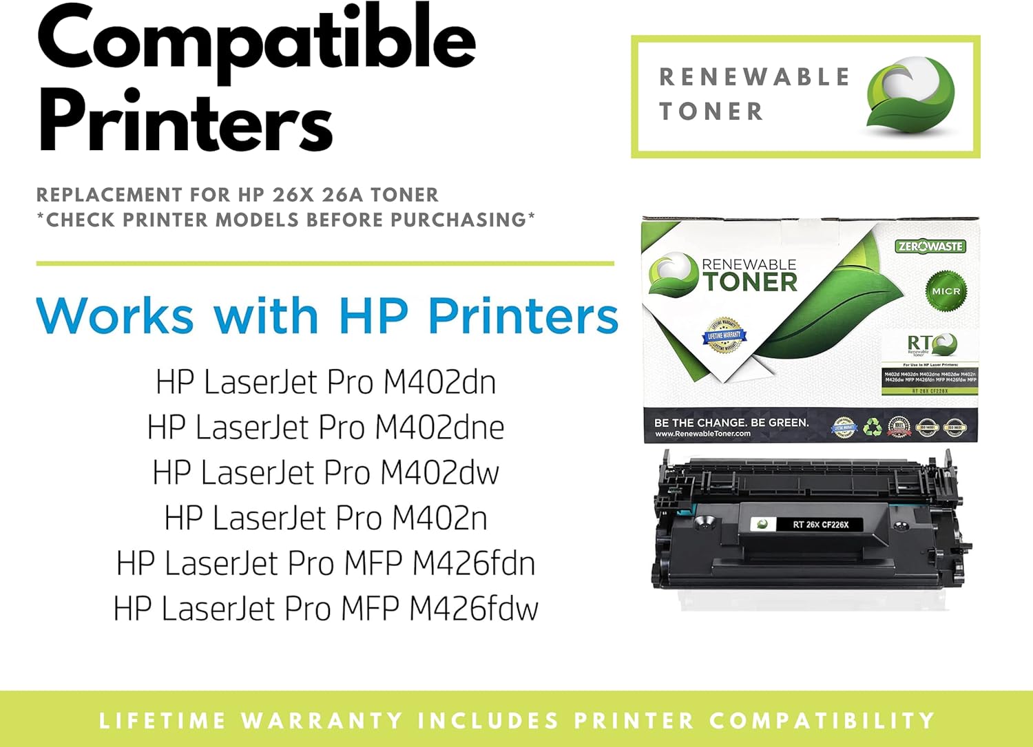 Renewable Toner PRO – Cartucho de tóner compatible MICR para HP 26A CF226A para Laserjet Pro M402 MFP M426