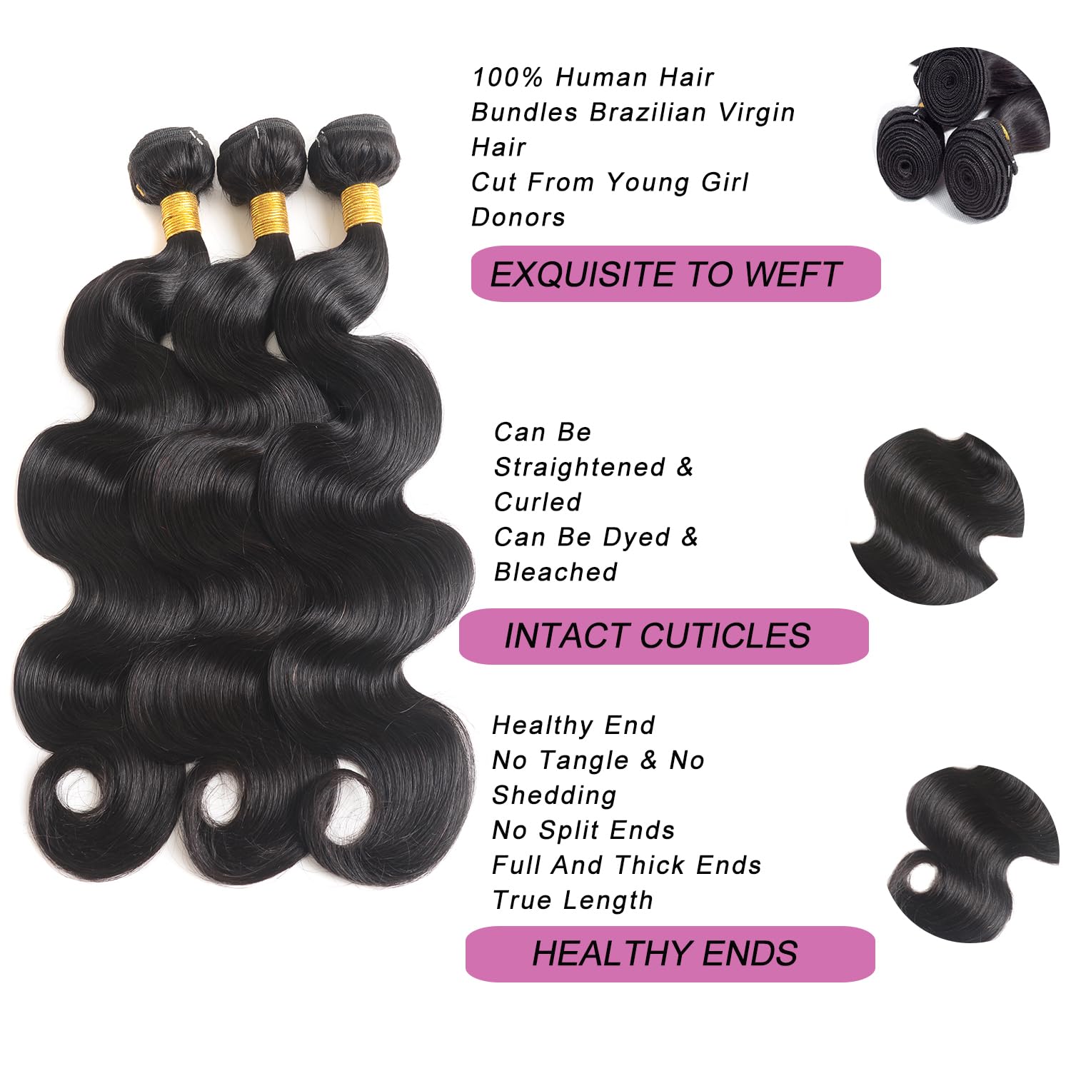 Paquetes de cabello humano ondulado de 16, 18 y 20 pulgadas, 3 paquetes de cabello humano virgen brasileño 100% sin procesar