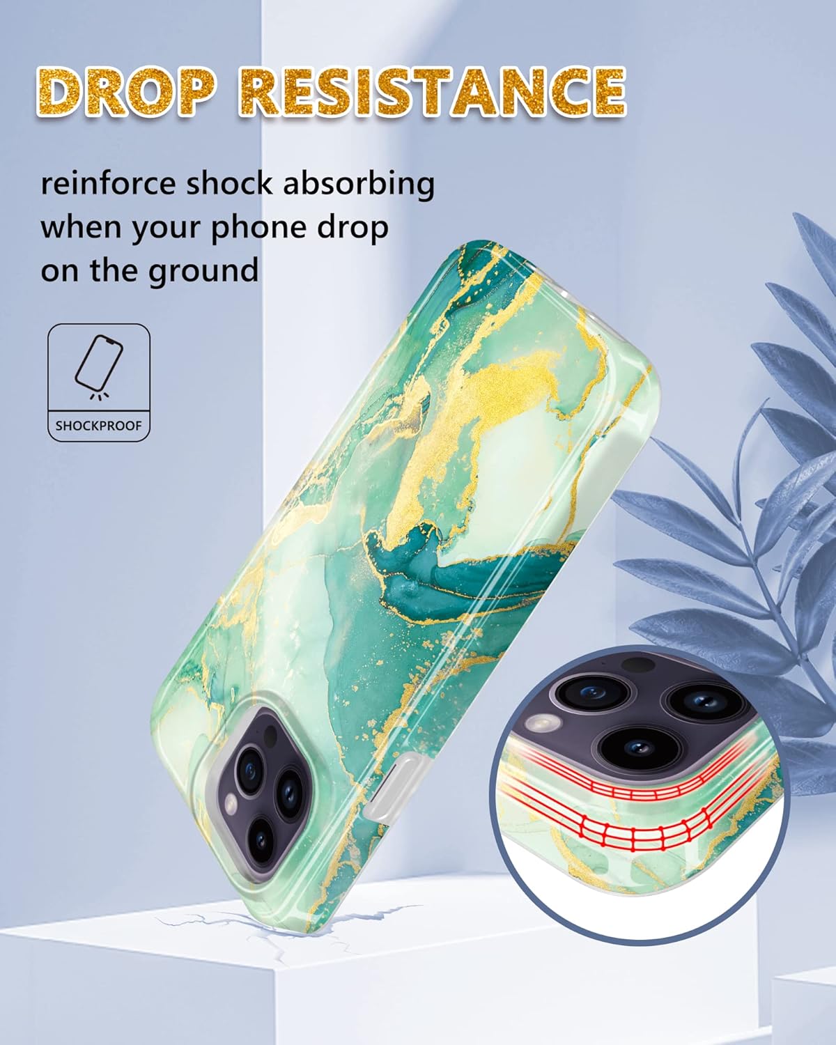 JIAXIUFEN Funda diseñada para iPhone 14 Pro Max, funda dorada con purpurina de mármol, delgada, a prueba de golpes, funda de silicona de goma suave
