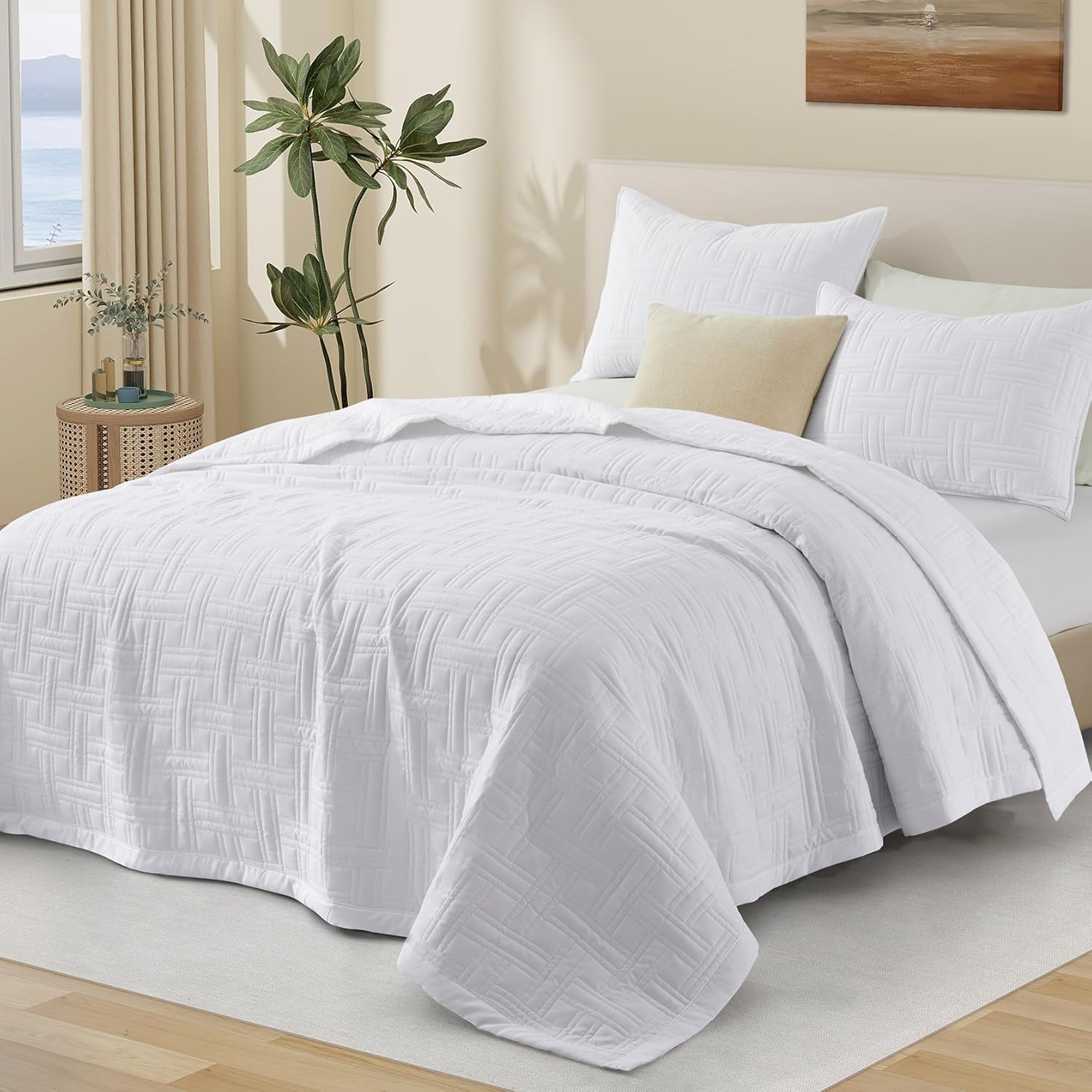 Juego de edredón blanco tamaño King, juego de ropa de cama ligero y fino de verano, juego de colcha y colcha de microfibra suave para todas las