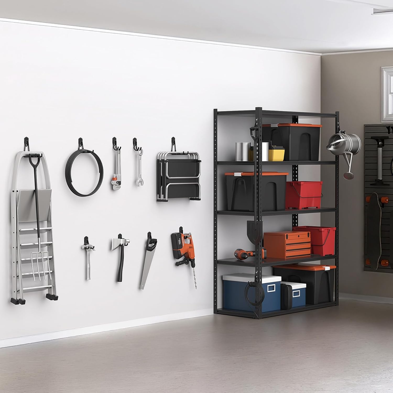 WALMANN Ganchos de almacenamiento de garaje, ganchos de montaje en pared para herramientas, escaleras, cables, sillas plegables, palas y rastrillos,