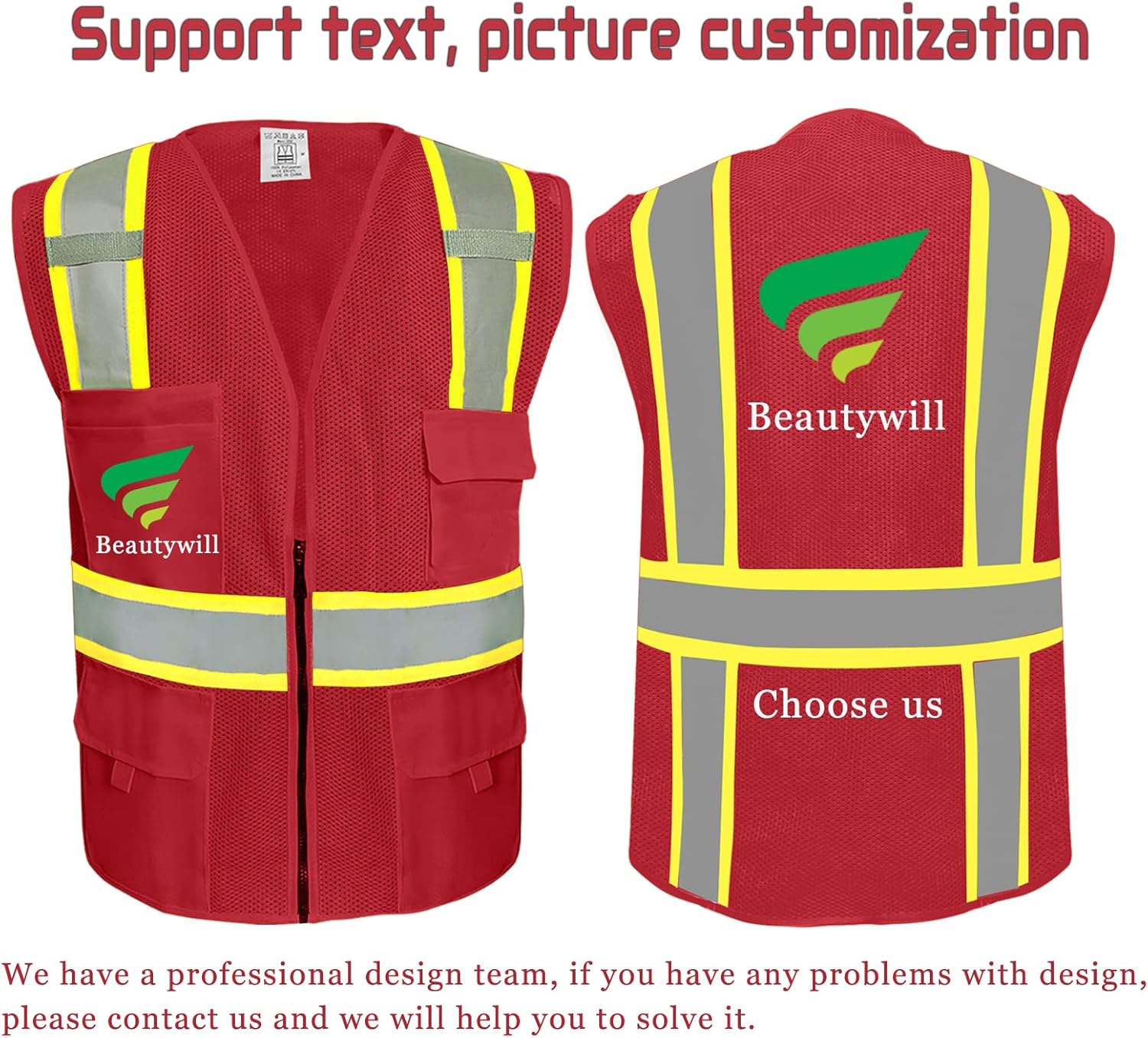 BeautyWill Chaleco de seguridad personalizado Logo Clase 2 Chaleco reflectante de alta visibilidad con bolsillos Ropa de trabajo de construcción