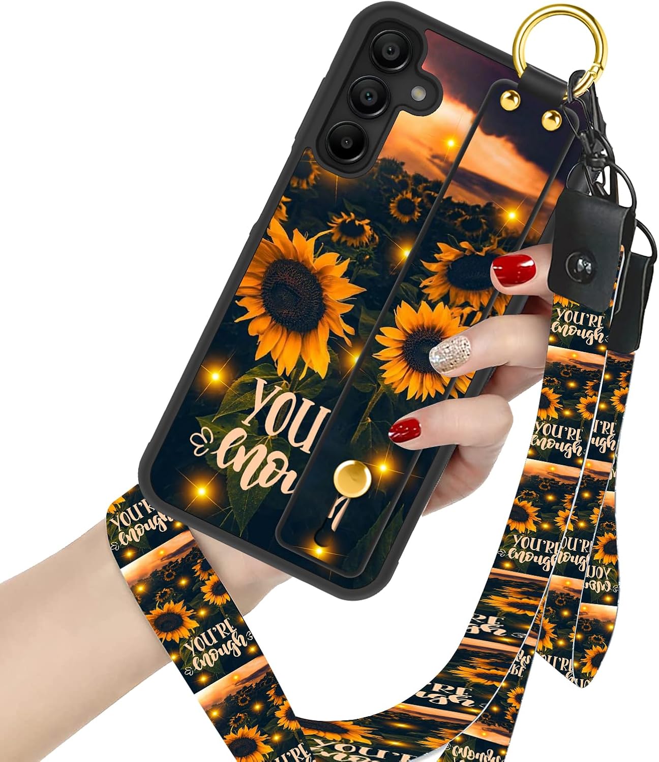 LSL Compatible con Samsung Galaxy A15 5G Shine Girasoles Funda con correa de muñeca con soporte para mujeres y niñas, textura de neumático TPU
