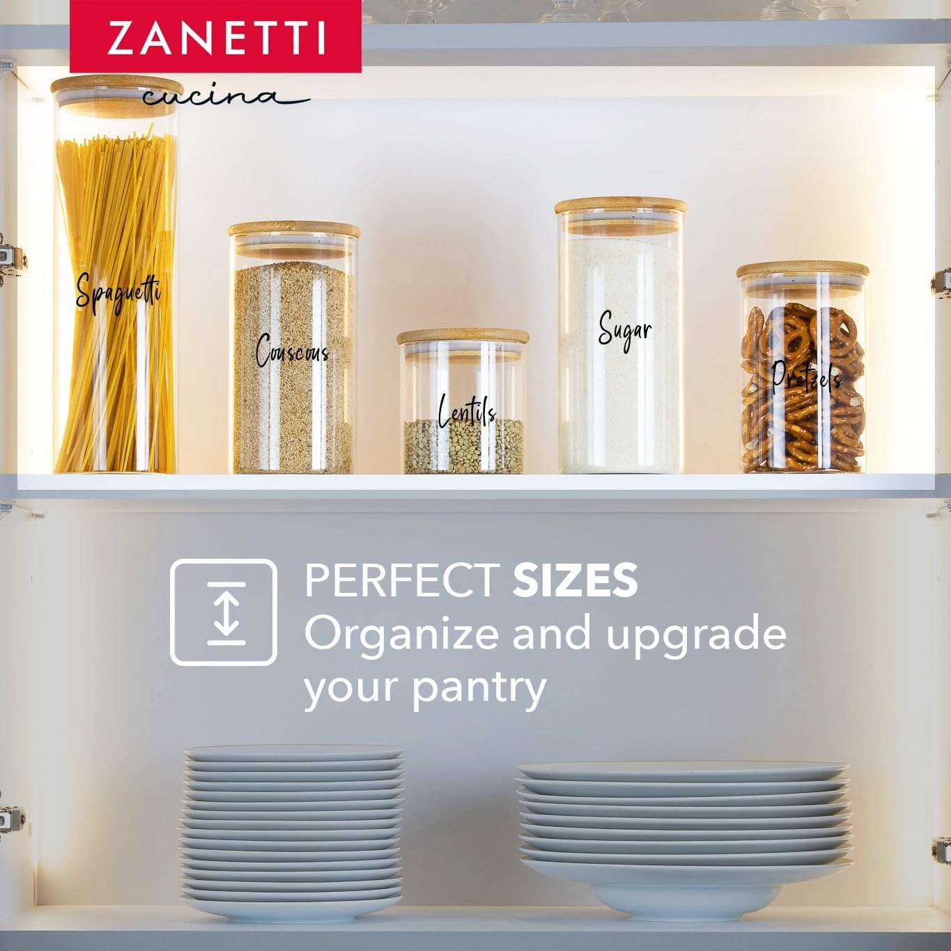 Zanetti – Recipientes herméticos de vidrio con tapas de madera de bambú para almacenamiento de alimentos con 75 etiquetas preimpresas para despensa
